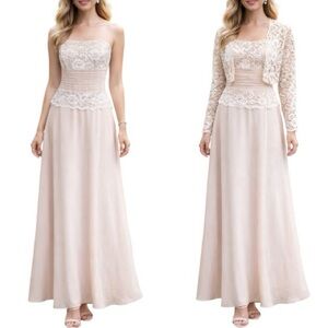 Formal long 2-pc strapless dress with lace mini jacket coverup beige ivory Sz 6